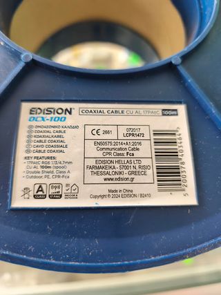 Cabo Coaxial RG6 Edision OCX-100 CU Preto 100m