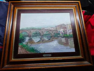 Cuadro de paisaje con puente y río