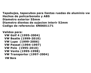 Vw Golf Mk4 Tapabujes 55mm Centro de Llantas Rueda