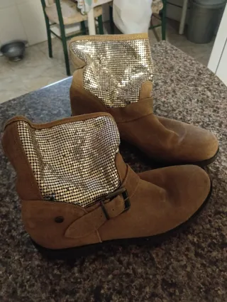 Botas Piel Talla 39 Marrón y Plateado