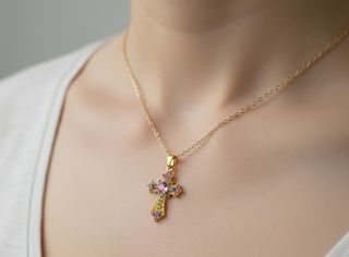 Colgante Cruz Dorada con Cristales Rosas y Azules