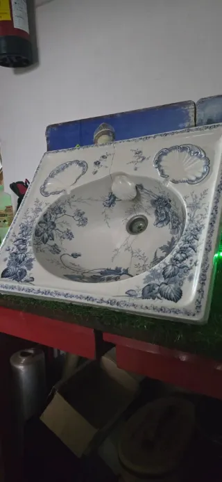 Lavabo Inglés Antiguo Porcelana Azul Blanco