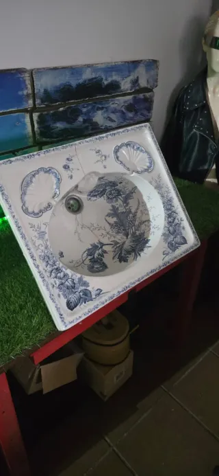Lavabo Inglés Antiguo Porcelana Azul Blanco