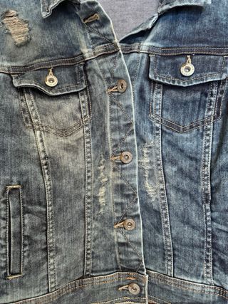 Cazadora vaquera con tacón rojo lentejuelas