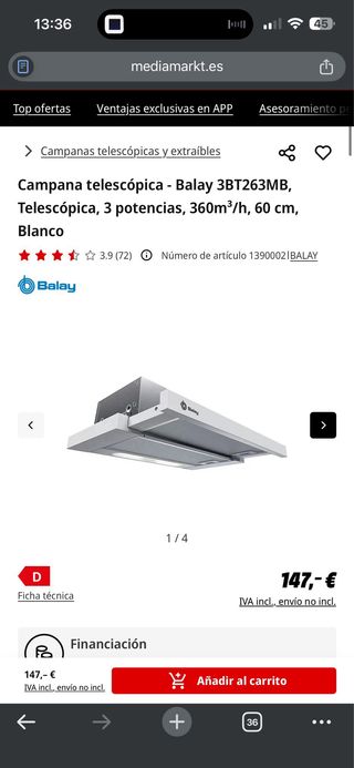 170. Campana telescópica - Balay 3BT263MB Tarita