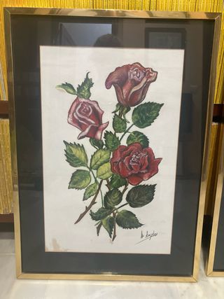 Set 2 Cuadros Rosas Pintura Cera Marco Dorado