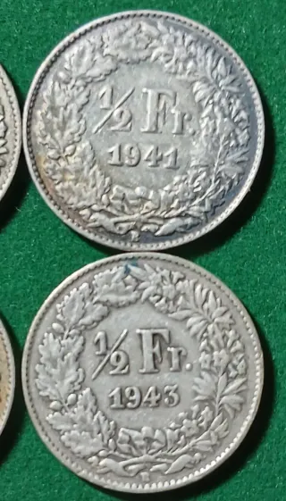 4 Monedas Plata 1/2 Fr. Suiza 1940-1943