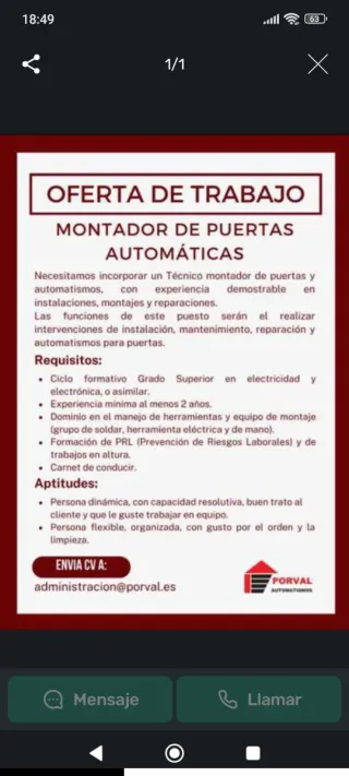 Se ofrece empleo montador de puertas