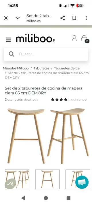 Set 2 Taburetes Cocina Madera Clara 65cm