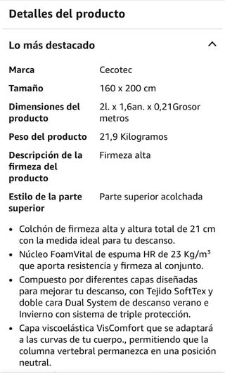 Colchón Viscoelástico Cecotec 160x200