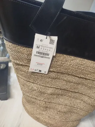 Bolso Zara Cuero y Mimbre Beige/Negro