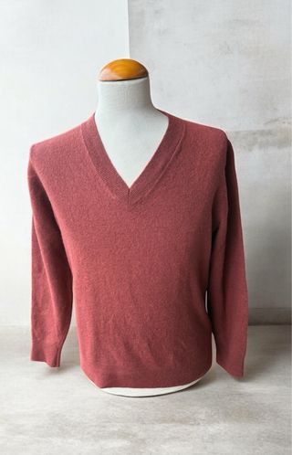 Jersey Massimo Dutti Lana Cuello Pico Rojo Burdeos