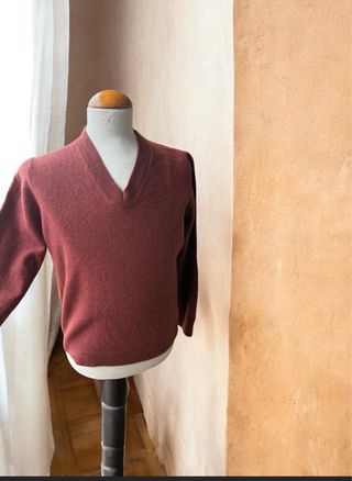 Jersey Massimo Dutti Lana Cuello Pico Rojo Burdeos