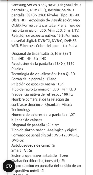 TV Samsung 85 Neo QLED QE85QN85BATXXCO