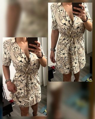 Vestido beige-negro con estampado floreado.