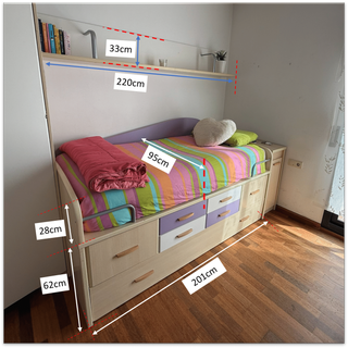 Cama nido doble con cajones, cabecero y escritorio