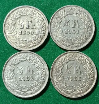 4 Monedas Plata Suiza 1/2 Fr. 1950-1953