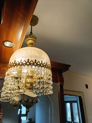 2 Lámparas colgantes de cristal y metal