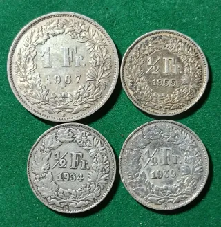 4 Monedas Plata Suiza 1 Fr 1967 1/2 Fr