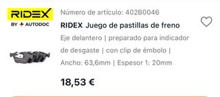 Pastillas Freno Delanteras RIDEX BMW