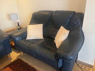 Conjunto sofás pele genuína azul escuro