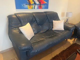 Conjunto sofás pele genuína azul escuro