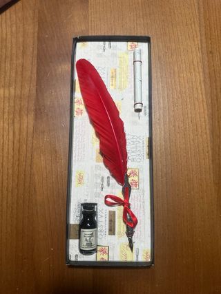 Set penna piuma rossa con inchiostro