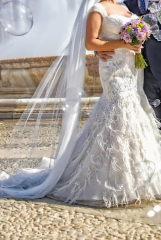 Vestido de Novia Encaje y Plumas
