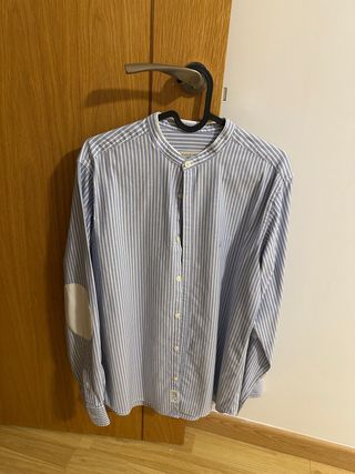 Camisa azul rayas cuello mao hombre