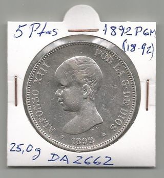 DA2662. 5 PTAS PLATA ALFONSO XIII 1892 (18-92) PGM