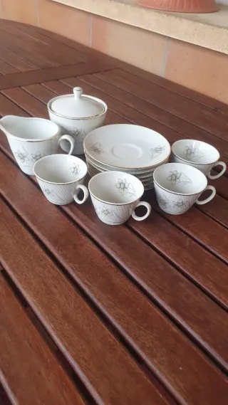 Juego 4 tazas café vintage, azucarero y jarra