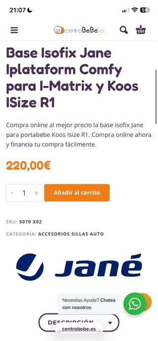 Silla coche bebé Jane Concord isize R1 con isofix