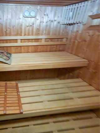 Sauna de madera con puerta de cristal