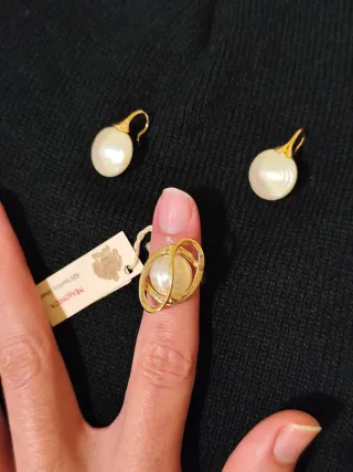 Pendientes y Anillo Majorica bañado en oro perlas