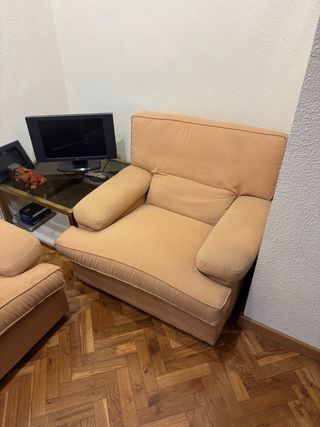 Conjunto sofá y sillones tela beige