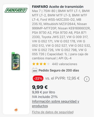 2 Litros de Aceite FANFARO MAX 7 75W-80 GL-4