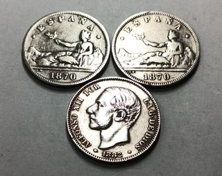 Lote 3 monedas plata 2 ptas. España 1870-1882