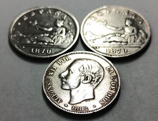 Lote 3 monedas plata 2 ptas. España 1870-1882