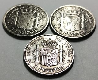 Lote 3 monedas plata 2 ptas. España 1870-1882