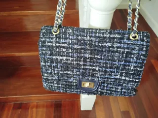 Bolso de hombro cadena tweed azul y negro
