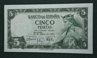 5 PESETAS 22 JULIO 1954 SERIE T ALFONSO X SC