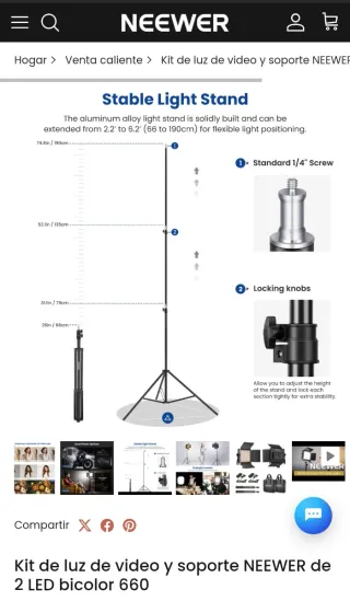 3 Focos LED Neewer NL660 2.4G + Accesorios