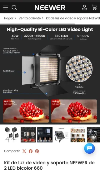 3 Focos LED Neewer NL660 2.4G + Accesorios