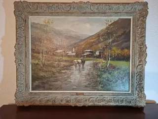 Pintura de paisaje rural con vacas
