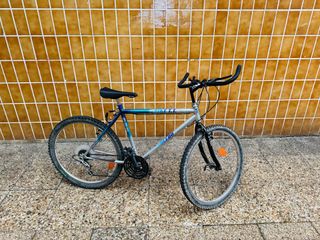 Bicicleta de montaña plateada y azul