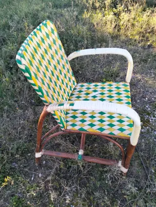 Silla sillón mimbre y scoubidou mid century 60s