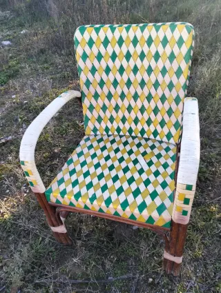 Silla sillón mimbre y scoubidou mid century 60s