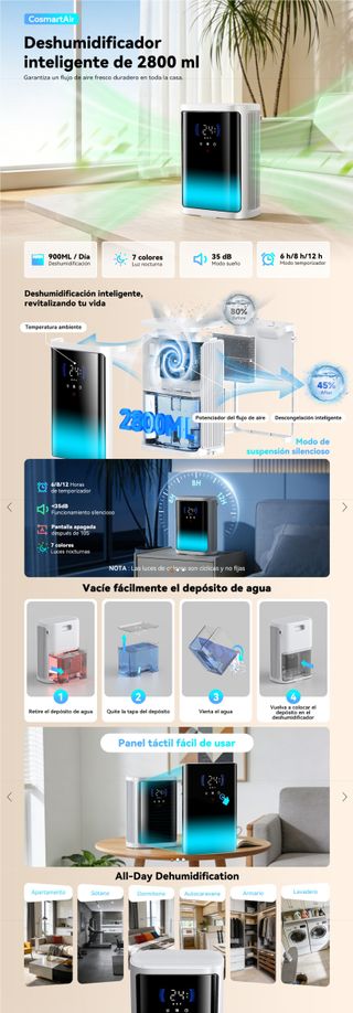 2,8L Deshumidificador silencioso 7 colore900ML/24H