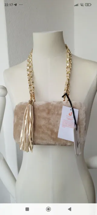 Borsa Alex.Max beige con frange e catena oro