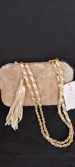 Borsa Alex.Max beige con frange e catena oro